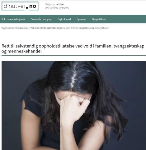 Bilde av nettside fra Dinutvei: Rett til selvstendig oppholdstillatelse ved vold i familien, tvangsekteskap og menneskehandel 