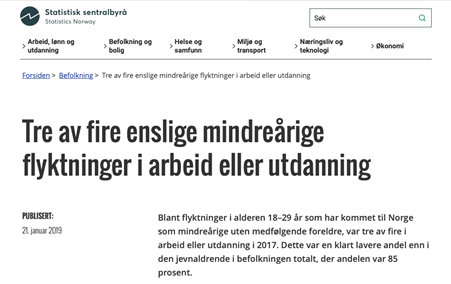 Bilde av nettside fra SSB: Tre av fire enslige mindreårige i utdanning eller arbeid.